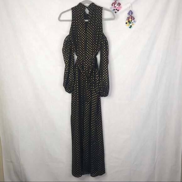 LPA Dress 43 in gold polka dot side cutout cold shoulders halter maxi dress - Picture 3 of 12